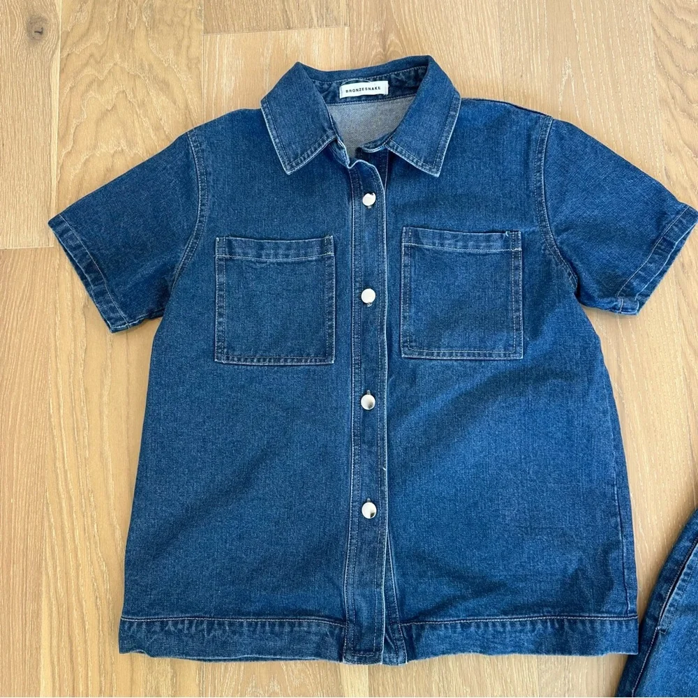 The Bronze Snake Delaney Denim Set Dark Blue Short Sleeve Jean Top Shorts Coord - Picture 6 of 14